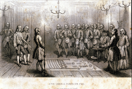 Freemasonry: secret meeting in a lodge in Paris in 1740. Engraving from “” Picturesque Histoire de la Franc Maconnerie et des Societes Secretes ancienne et modernes” by F.-T. B. Clavel. Pagnerre, editor. 1843.