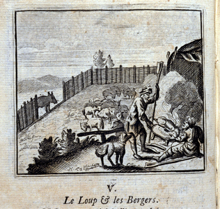 Le Loup et les Bergers.Fables by Jean de La Fontaine (1621-95). Illustration by François Chauveau (1613-1676). Edition of 1728.