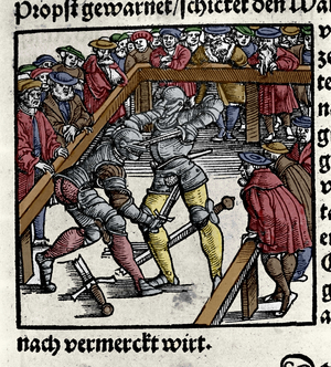 Duel scene between two knights during a tournament. They fight at the sword. All moves are allowed. Engraving from Johann Stumpff's “Den Edlen Strength Besten Fromen”, beginning of the 16th century.