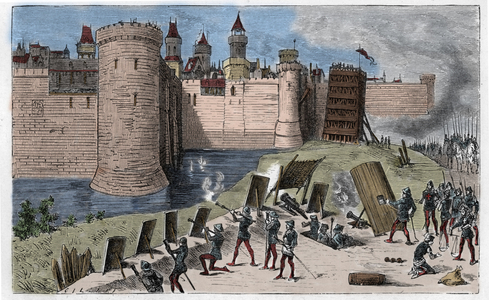 War of Hundred Years Siege de Calais (September 1346). in “” Les sieges celebres””” engraving by Gilbert.