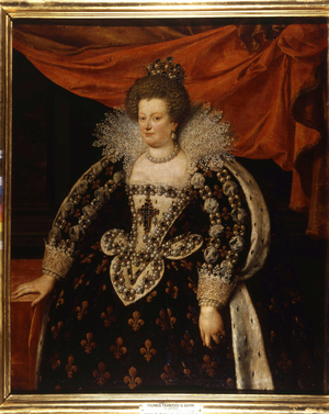 Portrait of Mary of Medici (1573 - 1642), wife of Henry IV and mother of Louis XIII. Painting by Frans Pourbus Le Jeune (Francois (Franz) Porbus, 1569-1622) around 1609. Pitti Palace, Florence.