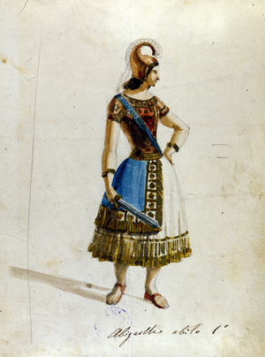 Abigaille costume in the opera by Giuseppe Verdi (1813 - 1901), “” Nabucco””” first called “” Nabucodonosor”” Museum of the Scala, 1854. Anonymous watercolour.