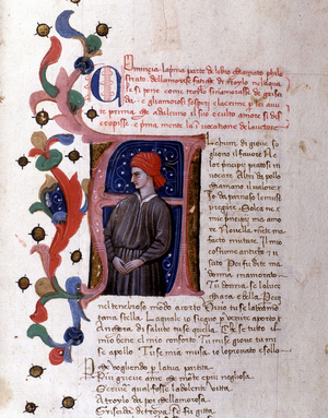 Lettrine “” a”” and miniature representing the sophist, Philostrate. Manuscript by Boccacio (Boccace), 1430.