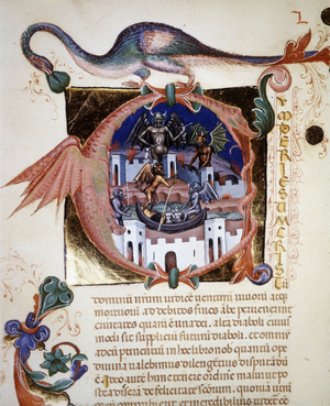 A miniature “A”” letter representing the city of the devil. 14th century manuscript “” De Civitate Dei”” by Saint Augustine. Biblioteca Comunale di Rimini