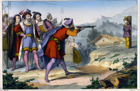 Guillaume Tell, (William Tell) (legendary hero of Swiss independence).The barbarian Gesler forces Guillaume Tell to remove with an arrow an apple placed on his child's head. Engraving of the 19th century.