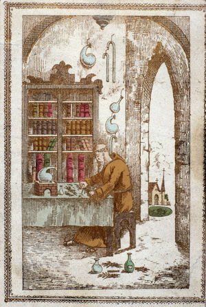 Monk preparing plants for distillation. 19th century engraving.