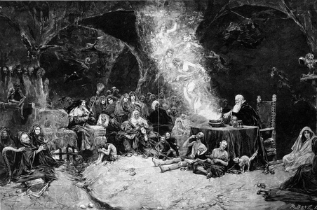 Sabbath scene, a sorcerer presides over the ceremony summoning creatures in a magical cauldron. Witches attend the scene. From a Drawing by Jose Benlliure y Gil (1855-1937)