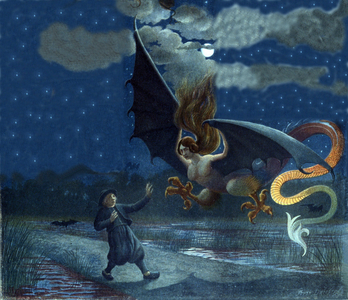 On a full moon night, a monstrous animal (a kind of griffon with a woman's head) scares a night walker. Illustration by Van Driesten. DR