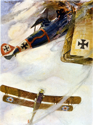 Combat entre un avion francais et 2 avions allemands. 1917.