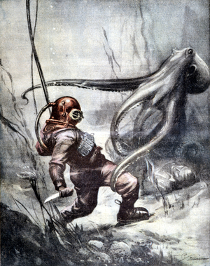 Octopus attacking a diver. Early 20th century.