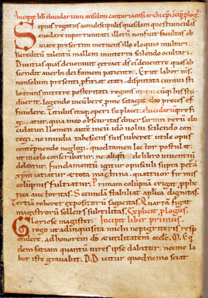 Page taken from “” Liber Elucidarium Canturiale”” by Anselme of Cantorbery (Canterbury) (or Saint Anselmo of Aosta (San Anselmo d'Aosta) or Anselme du Bec (1033-1109), founder of the Scolastique. 12th century. PMO