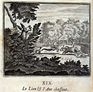 The Lion and the Donkey Hunting. Fables by Jean de La Fontaine (1621-95). Illustration by François Chauveau (1613-1676). Edition of 1728.