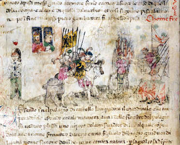 How a sodomite was burned alive..., 1368. Chronicles Sercambi. Lucca, National Archives.