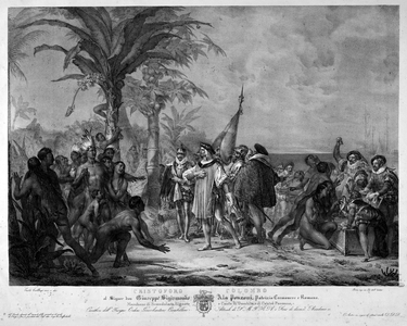 The landing of Christopher Columbus in San Salvador (Bahamas) on 12/10/1492. 19th century (engraving)
