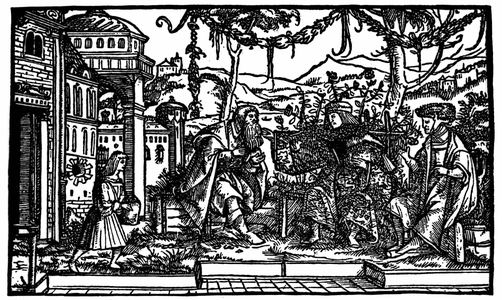 Raphaël Hythlodée, a traveller who spent five years in Utopia, tells Thomas More and Pierre Gilles about his journey. Xylography published in the edition of “Utopia” by Thomas More (1478 - 1535) of 1516.
