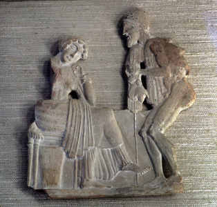 Odysse d'Homere: “” Ulysses back to Penelope”” Low relief from the 5th century BC. Paris, Louvre Museum