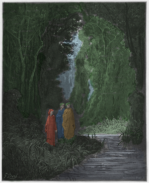 Purgatorio, Canto 28 : Dante, Virgil, and Statius (Stace) in the ancient forest of the terrestrial paradise, illustration from 'The Divine Comedy' by Dante Alighieri, 1885  (digitally coloured engraving)