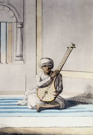 Culture, civilization and Indian society: Musician playing Thambourah (Tamboura), traditional instrument of India. Engraving 1808.