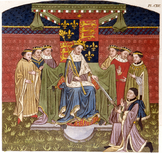 King Henry VI of England (1421 to 1471). King of England offered a sword to John Talbot, 1st Earl of Shrewsbury English warlord (1384 to 1453).