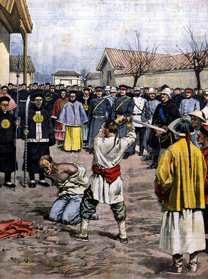 Révolte des Boxers: Le premier acte de justice punitive à Pékin: la décapitation de l'assassin de l'ambassadeur allemand Bar. Ketteler. Illustration de Beltrame. La Domenica del corriere. 1900.