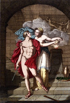 Arianne gives Theseus the thread so that he can get out of the maze - in Dizionario mitologico, 19th century engraving, Bibl. di Brera, Milan.