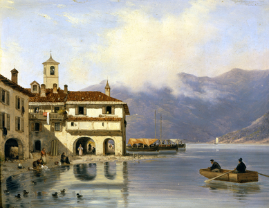 Como. Shore and port of Menaggio (1850). Painting by Canella. Menaggio (Como), .
