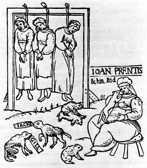Witch Proces in Chelmsford (Essex): hanging of three witches Joan Prentice, Joan Cony and Joan Upney in 1589. English pamphlet, 1589.