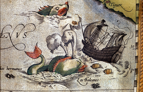 A whale attacks a ship. Plate from an edition of “Theatrum Orbis Terrarum” by cartographer Abraham Ortelius (1527-1598), 1584