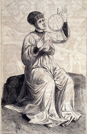 Representation of an astrologer using an astrolabe in the 15th century. Engraving from “” De machinis Bellicis”” (Treat seat machines).