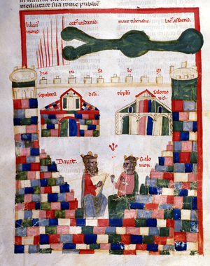 David and Solomon in Jerusalem after the Cosmographia of Julius Solinus (14th century): The Holy Sepulchre, the Temple of Solomon, above the Jordan and Lake Tiberiad.