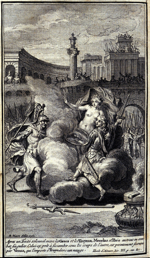 After a solemn deal between the Greeks and the Trojans, Menelas and Paris entered into a singular battle. This one, ready to succumb under the blows of the other, is rescued by Venus who wins Troyes in a cloud. Illustration of book III of the Iliad of Homere, French edition, 1751.