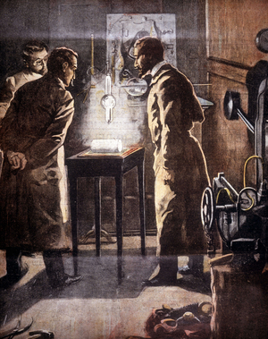 The Roentgen (Rontgen) or X-rays. Discovered in 1895. Illustration representing the experiment.