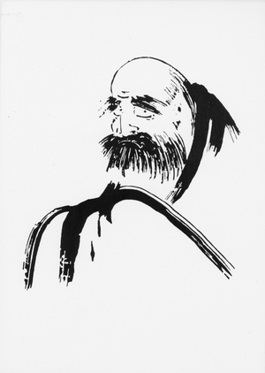 Daruma, the founder of the Zen School. Drawing of the Japanese monk Fugwei of the 17th century.