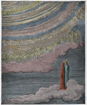 Paradiso, Canto 28 :  The scintillating host of heaven, illustration from 'The Divine Comedy' by Dante Alighieri, 1885  (digitally coloured engraving)