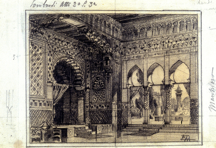 Drawing for the decor of scene 3 of Act II of the opera “I Lombardi” or “The Lombards at the First Crusade” composed by Giuseppe Verdi (1813 - 1901) in 1843.