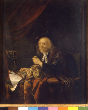 A mistrustful man counts his money by holding a purse in his hand. Painting by Gerard Dou (or Gerrit Dow) (1613-1675) 17th century Milan Museo del castello