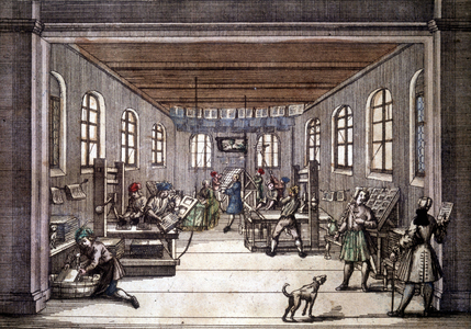 A printing shop at the beginning of the 18th century.