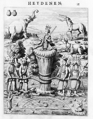 Samudramathana, with the participation of Deva (Surya, Shiva, Vishnu, Brahma) with demons and mounts. According to Baldaeus Philippus Afgoderye der oost-indische Heydenen. Amsterdam 1672