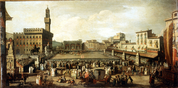 Show on Signoria Square in Florence. Oil on canvas, 18th century.