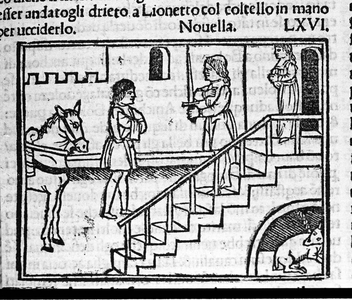 The settlement of accounts between Isabella's husband and her lover Lambertuccio. Illustration for the news 16 (New 6 of the seventh day) of the “Decameron”” by Giovanni Boccaccio dit Jean Boccaccio (1313-1375), Italian writer. Engraving in “” Decamerone ouer Cento nouelle”” Venice, Bartolomeo de 'Zanni, July 5, 1504.