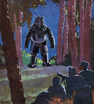Cover of the book “Au clair de la lune”” by Corrado d'Errico, 1934. The book talks about a robot escaped the control of the scientist who built it.