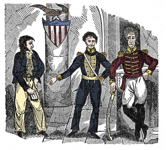 The meeting of the pirate gentleman Jean Lafitte (1780-1826) with General Andrew Jackson and Governor William C. Claiborne Engraving