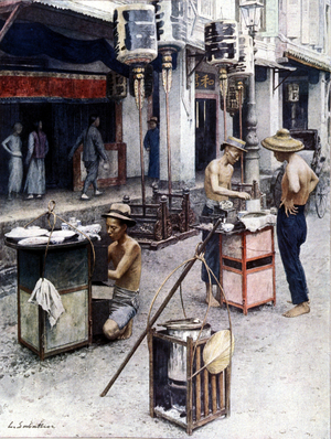 Mobile restaurants in Singapore's Chinatown. Illustration by L. Sabatier. 19th century.