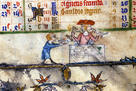 January: a lord at the table. Illumination from a guest book from the 13th century.
