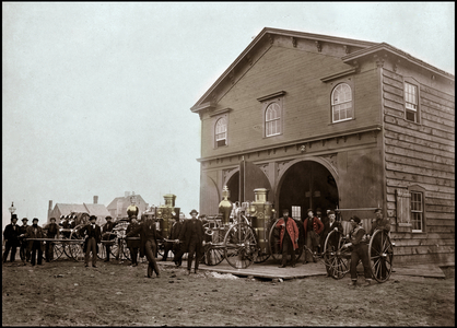 Fire brigade posing in front of the barracks, Alexandria. Virginia, United States. 1863. Photography
