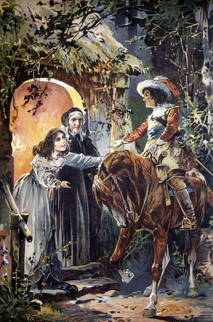 19th century illustration depicting an episode of a children's fable: a knight visiting a young girl and her grandmother. Engraving.