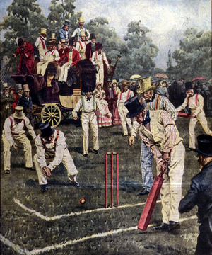 In England, the Bishop Storlord Cricket Club celebrated its 100th anniversary with a party in period costume. Ill. by Alfredo Ortelli. Illustrazione del popolo, 1925.