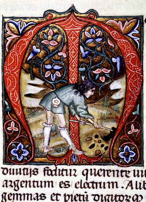 Miniature représentant un cultivateur. Lettrine ""M"" - in ""Naturalis Historiae"" de Pline l'Ancien (23 - 79).