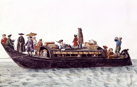 Venice lagoon boat for transport of people and goods. Watercolour drawing and ink from the manuscript “Customs of the Venitians”” by Jan van Grevenbroeck (or Giovanni Grevembroch (Grevenbroch) (1731-1807), 18th century.