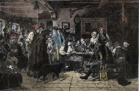 Silesian War: Recruiting for the Silesian Army - Silesia Wars (1740-1763): Recruiting the troops of Frederic II of Prussia, known as the Great (1712-1786) - 1882 - Woodcut by Hiddemann, Friedrich (1829-1892)